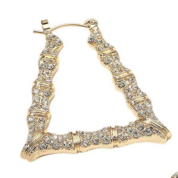 Gold Bamboo Door Knocker Earrings Trendy Crystal Rhinestone Hoop Jewelry - Picture 4 of 5